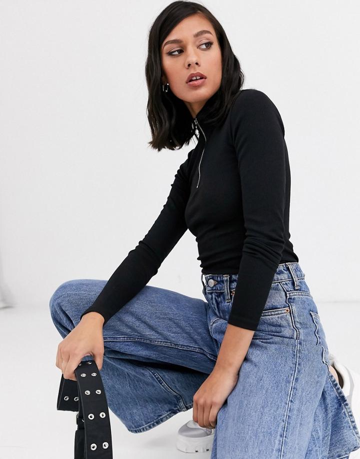Monki Zip Neck Long Sleeve Top In Black