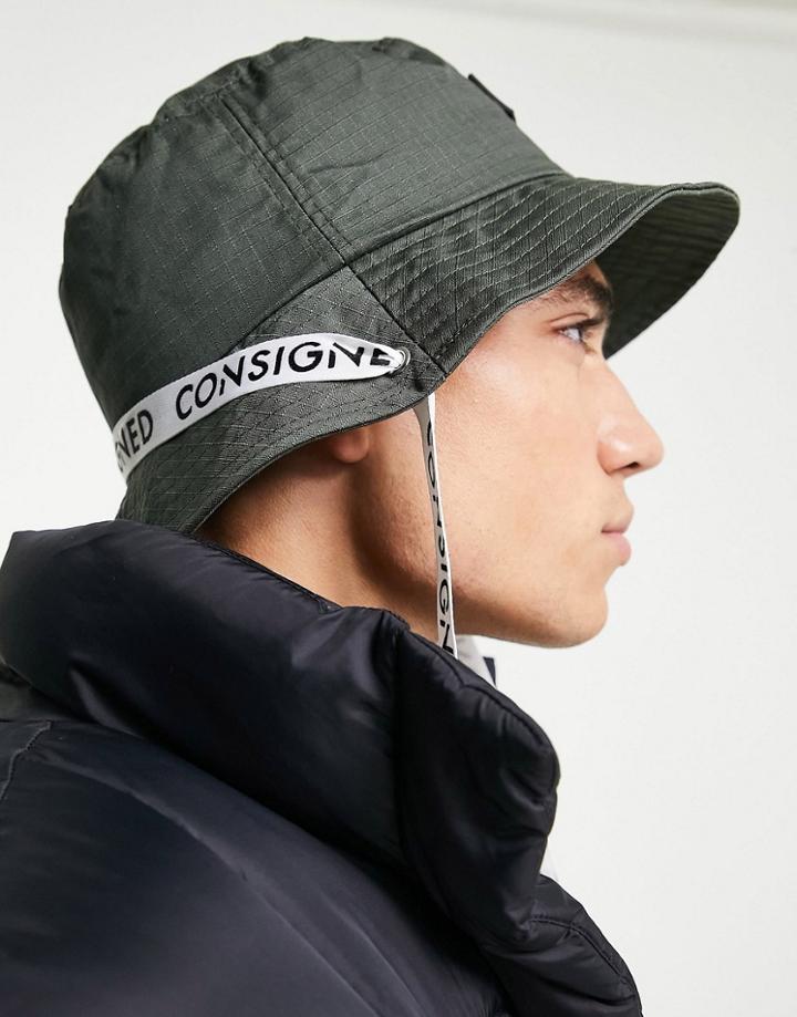 Consigned Taped Logo Strap Bucket Hat In Khaki-green