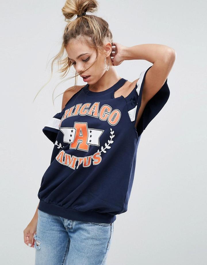 Asos Sweatshirt With Cold Shoulder Ruffle And Varsity Print - Navy