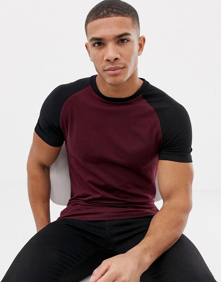 Asos Design Muscle Fit Raglan T-shirt With Crew Neck In Burgundy-red