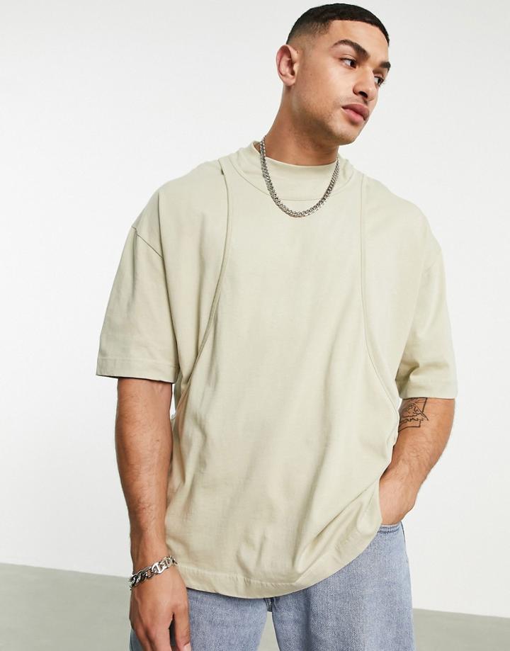 Asos Design Oversized Double Layer T-shirt In Washed Khaki-green