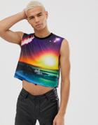 Asos Design Relaxed Cropped Tank With Sunset Scene-black