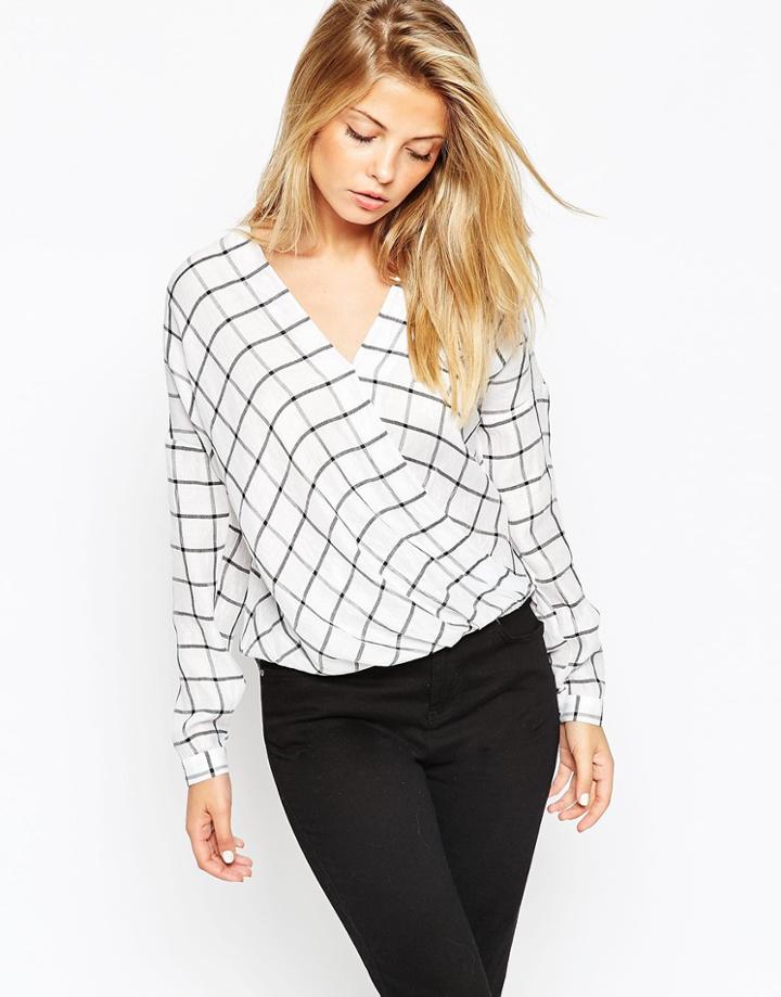 Asos Drape Wrap Blouse In Mono Check - Multi