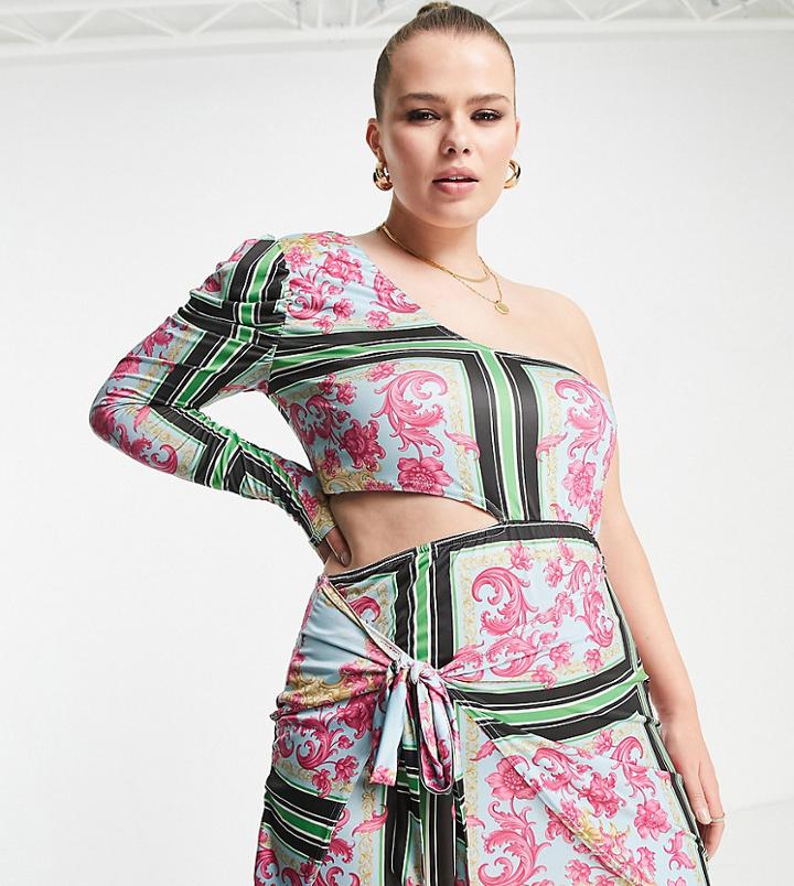 In The Style Plus X Liberty Exclusive One Shoulder Cut Out Waist Mini Body-conscious Dress With Train Detail In Multi Floral
