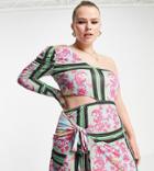 In The Style Plus X Liberty Exclusive One Shoulder Cut Out Waist Mini Body-conscious Dress With Train Detail In Multi Floral