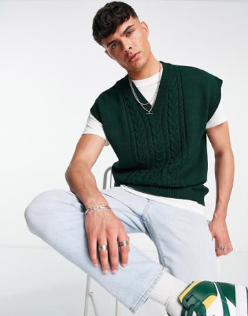 Asos Design Cable Knit Cricket Tank In Green