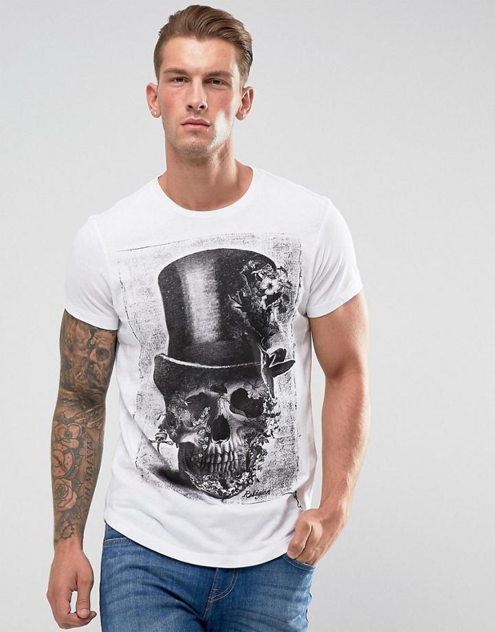 Religion Hat And Skull Curved Hem T-shirt - White