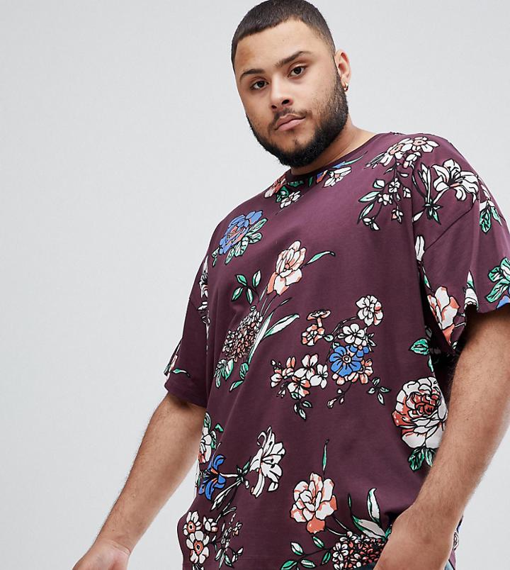 Asos Design Plus Overized T-shirt With All Over Floral Print - Purple