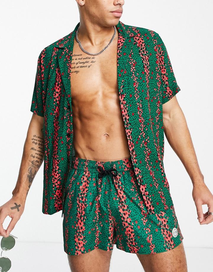 Topman Deep Revere Shirt With Animal Print Stripe In Green-multi