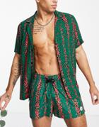 Topman Deep Revere Shirt With Animal Print Stripe In Green-multi