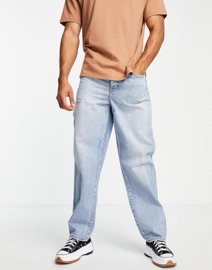 Asos Design Baggy Jeans In Light Wash Blue With Abrasions-blues