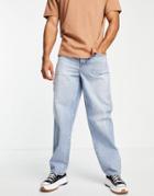 Asos Design Baggy Jeans In Light Wash Blue With Abrasions-blues