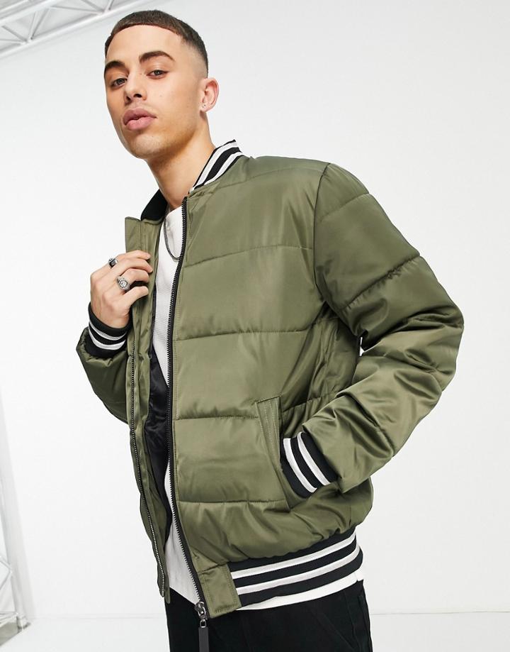 River Island Varsity Bomber In Khaki-green