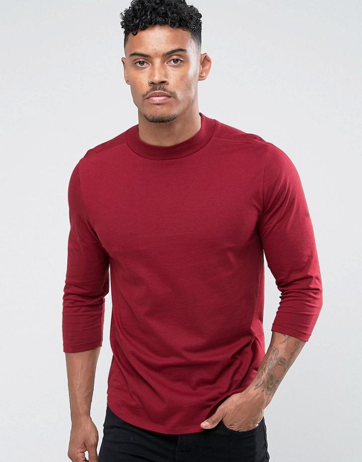 Asos 3/4 Length Sleeve T-shirt With Turtleneck - Red