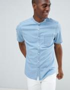 Asos Design Stretch Slim Denim Shirt With Grandad Collar In Light Wash - Blue