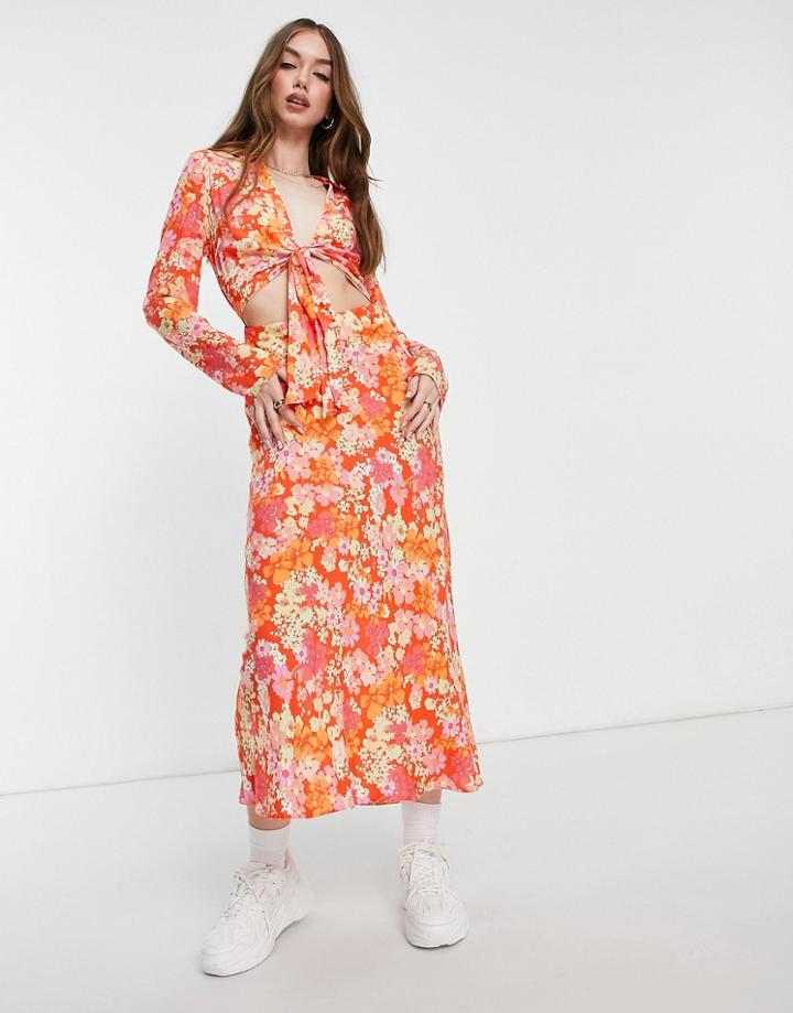 Asos Design Cut Out Midi Shirt Dress With Knot Front Detail In Bright Floral Print-multi