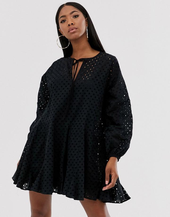 Asos Design Trapeze Mini Dress With Godets In Broderie-black
