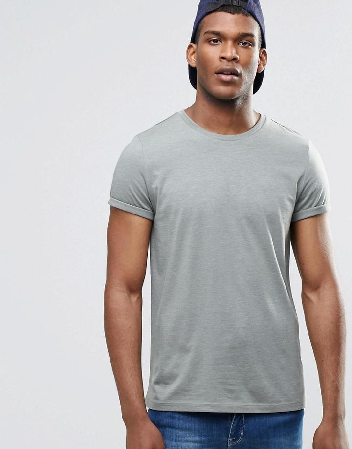 Asos T-shirt With Roll Sleeve In Green Marl - Ball Green Marl