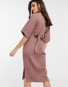 Closet London Ribbed Tie Kimono Sleeve Midi Dress In Winter Rose-pink