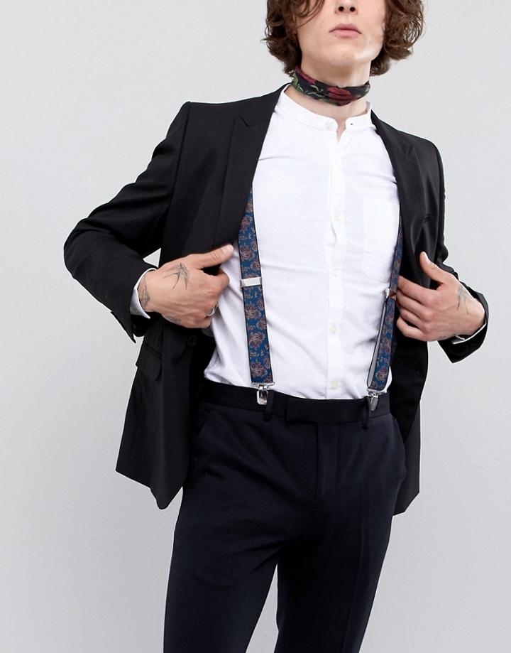 Asos Design Wedding Wide Suspenders In Navy With Paisley Print - Navy