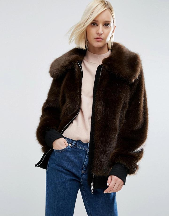 Asos White Faux Fur Jacket With Collar - Brown