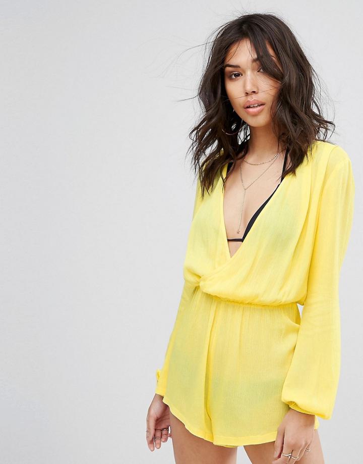 Prettylittlething Cheesecloth Wrap Romper - Yellow