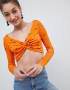 Asos Design Twist Off Shoulder Crop Top In Ditsy Floral Print - Orange
