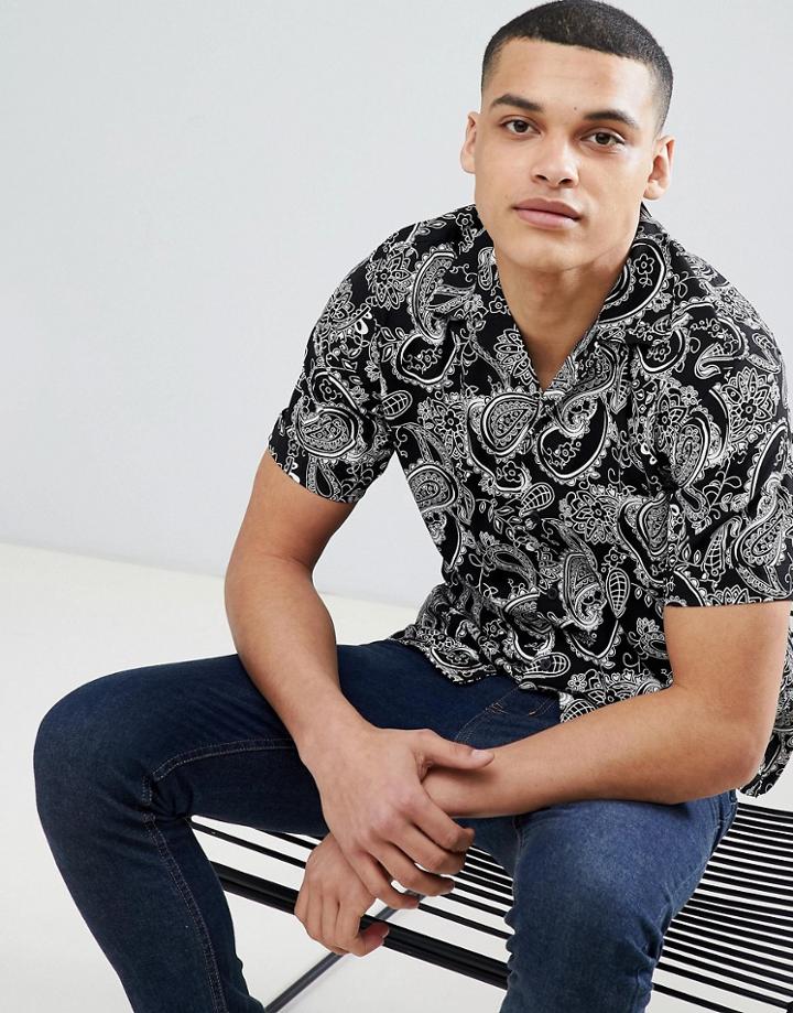 Jack & Jones Premium Revere Collar Short Sleeve Shirt In Paisley Print - Black