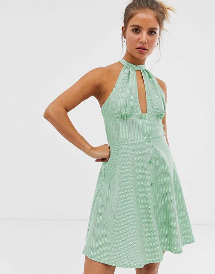 Asos Design Halterneck Mini Sundress With Button Front In Stripe - Multi