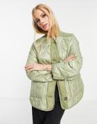 Bershka Drop Hem Quilted Jacket In Khaki-green