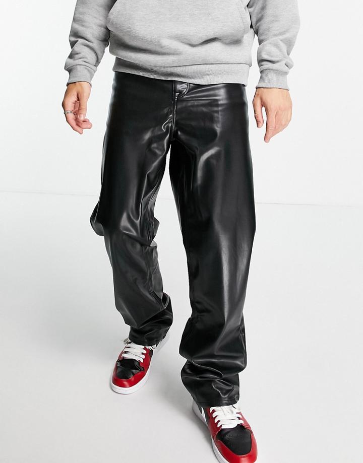 Asos Design Relaxed Jeans In Black Leather Look