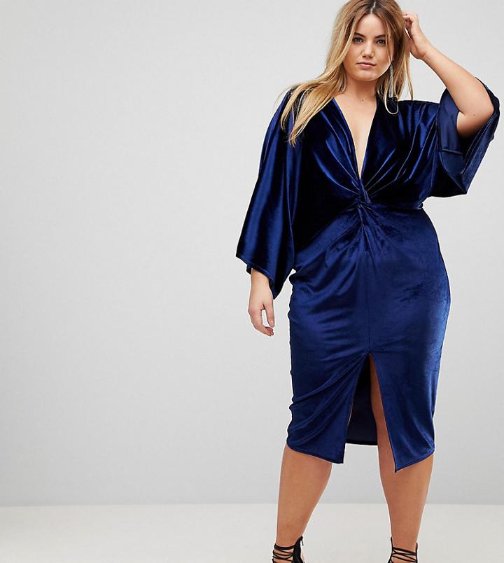 Flounce London Plus Wrap Front Kimono Midi Dress In Velvet - Navy