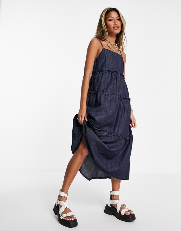 Topshop Tiered Denim Dress In Indigo-blues