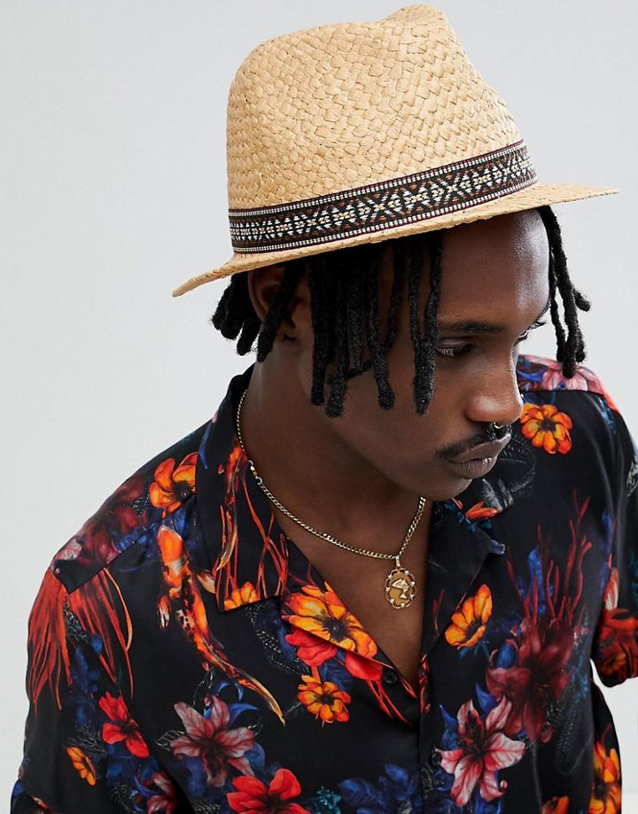 Asos Design Wide Brim Straw Hat With Geo-tribal Band - Beige