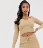 Asos Design Petite Rib Knit Two-piece Top With Notch Neck Detail - Stone
