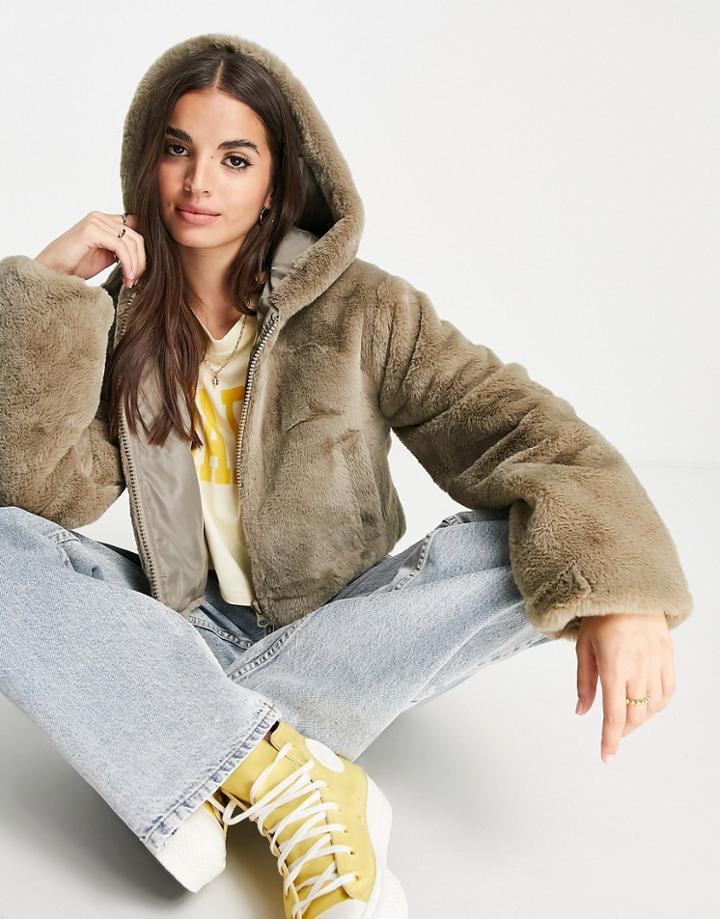 Asos Design Cropped Hooded Faux Fur Jacket In Light Khaki-grey