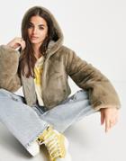 Asos Design Cropped Hooded Faux Fur Jacket In Light Khaki-grey