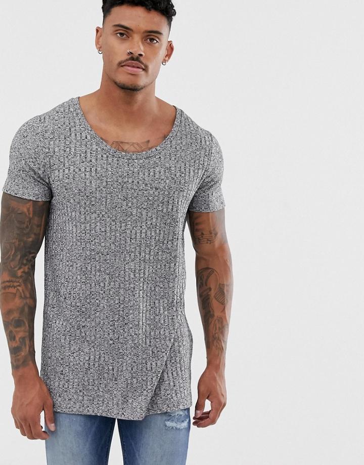 Asos Design Longline T-shirt With Deep Scoop In Interest Rib In Gray