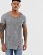 Asos Design Longline T-shirt With Deep Scoop In Interest Rib In Gray