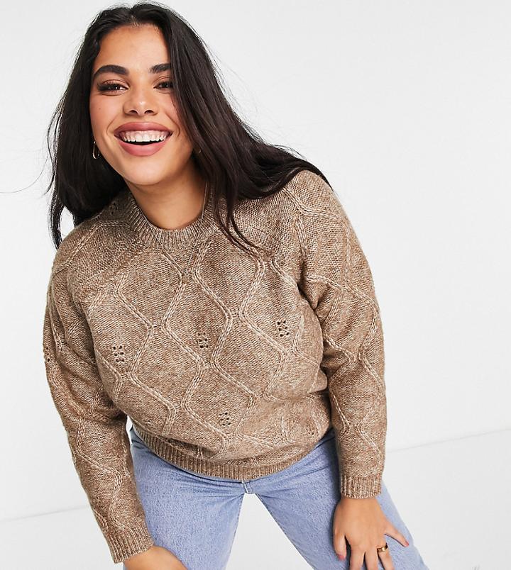 Fashion Union Plus Relaxed Sweater In Cable Knit-brown