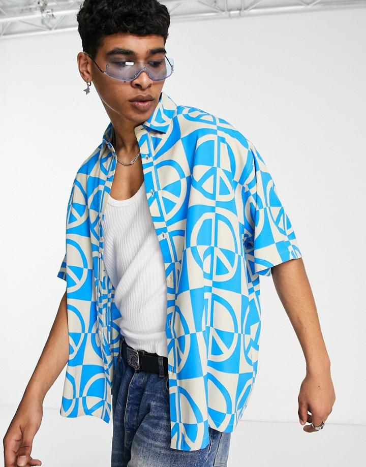 Asos Design Boxy Oversized Shirt In Peace Sign Print-blue