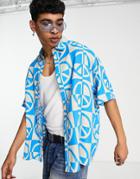 Asos Design Boxy Oversized Shirt In Peace Sign Print-blue