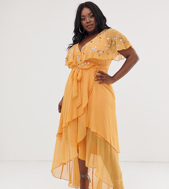 Asos Design Curve Maxi Dress With Cape Back And Dipped Hem In Embellishment-orange