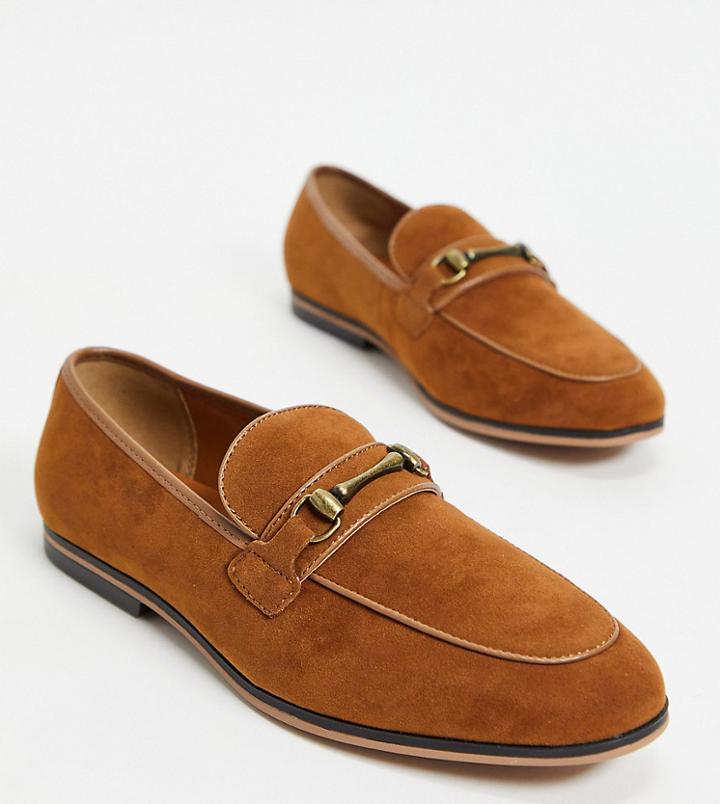 Asos Design Wide Fit Loafers In Tan Faux Suede With Snaffle Detail-brown