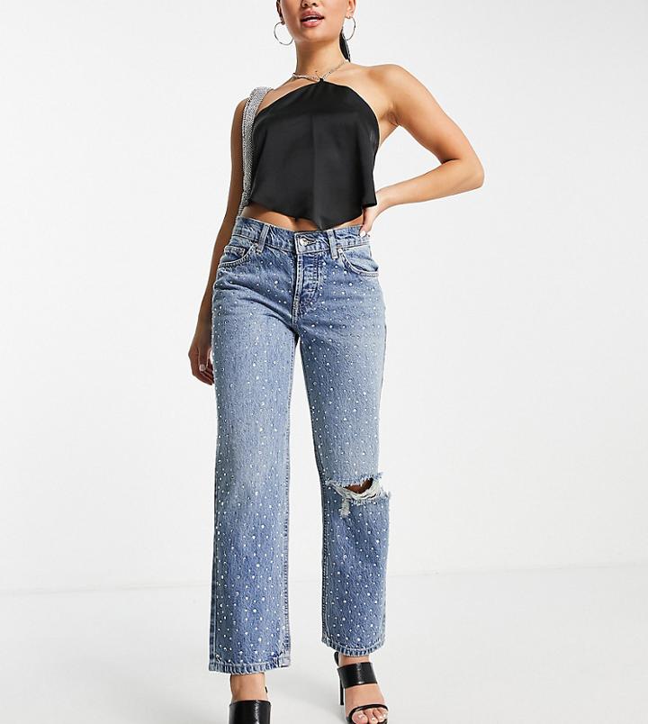 Asos Design Petite Organic Cotton Blend Low Rise Straight Leg Jean In All Over Rhinestone Hotfix With Ripped Knee-blues