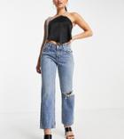 Asos Design Petite Organic Cotton Blend Low Rise Straight Leg Jean In All Over Rhinestone Hotfix With Ripped Knee-blues