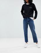 Asos Florence Authentic Straight Leg High Waisted Jeans In Dark Stone Wash With Raw Hem Detail - Blue