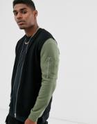 Asos Design Jersey Bomber Jacket With Contrast Sleeves And Ma1 Pocket - Black