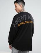 Night Addict Back Print Long Sleeve Top With Dropped Shoulders - Black