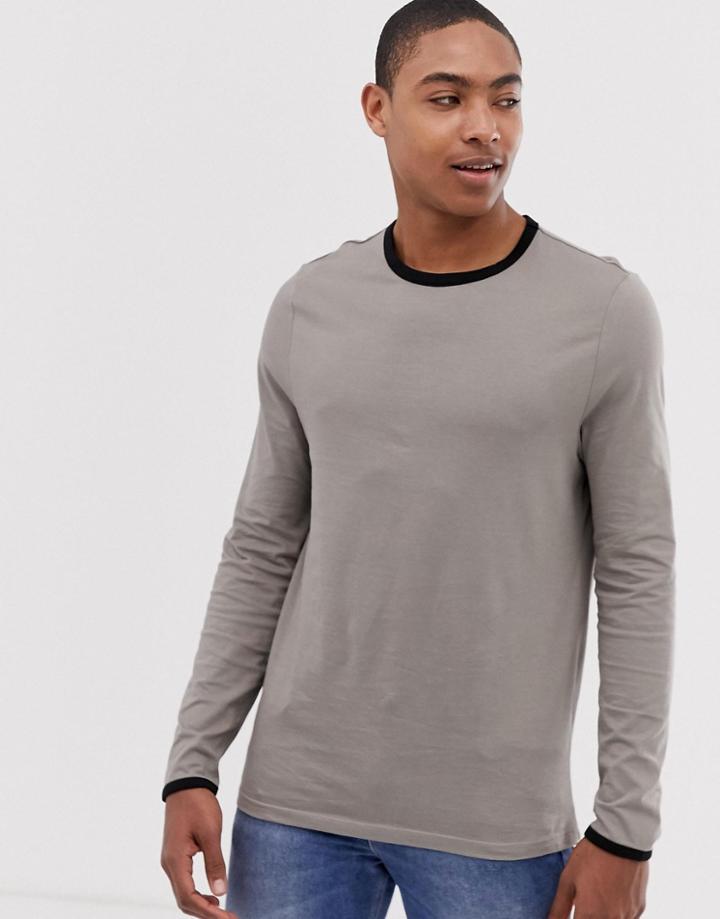 Asos Design Organic Long Sleeve T-shirt With Contrast Ringer In Beige - Beige